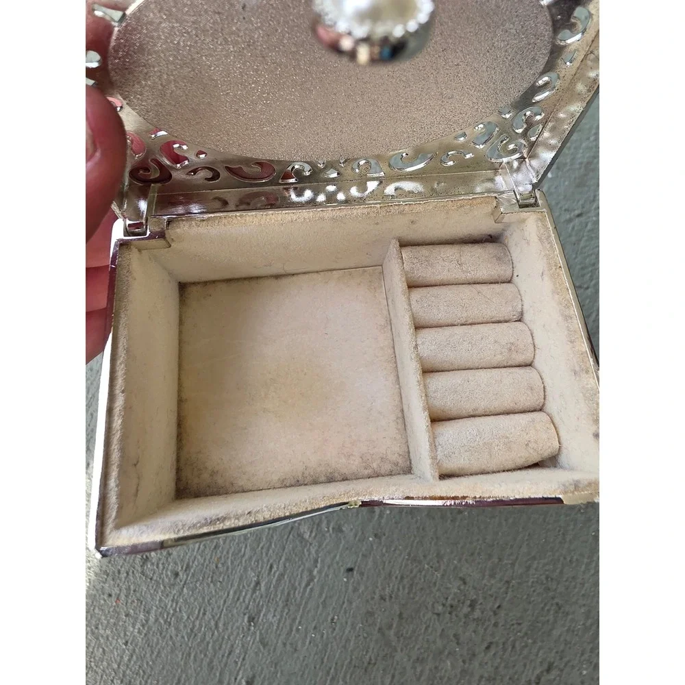Always & Forever Silver‎ Tone Filigree Jewelry Trinket Box Faux Pearl Accent Z2